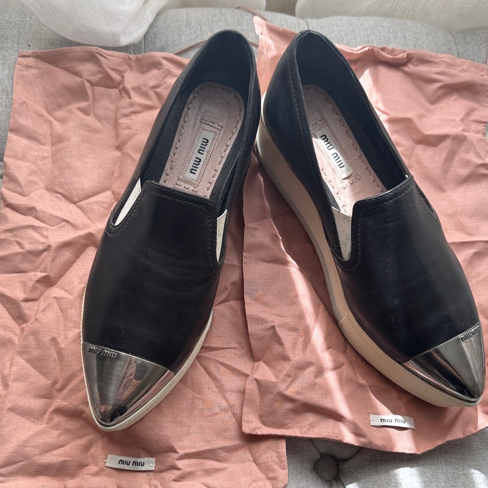 Miu Miu Black and Silver cap toe platform Slip-On Sneakers shoes 37,5